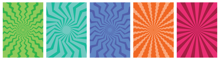 Abstract Spiral Swirl Retro Groovy Rainbow Patterns. Funky sun wave illustration. Psychedelic Geometric Twirl Vector Background.