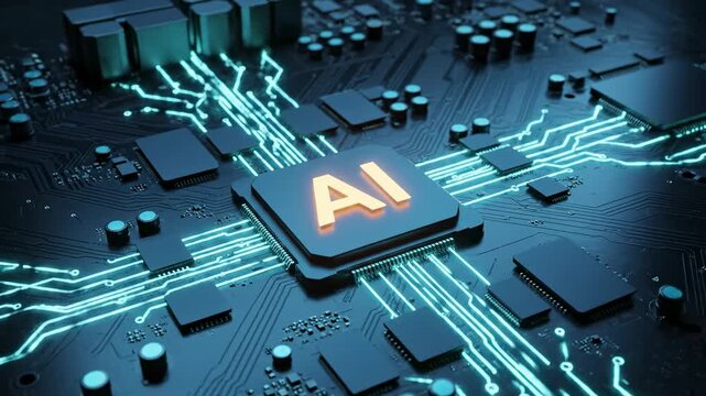 Luminous artificial intelligence microchip embedded in an intricate circuit board, showcasing computational prowess and the potential of AI in shaping contemporary technology