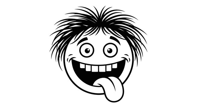 Happy crazy cartoon face character sticking tongue out and laughing, isolated white background.