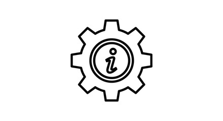Outline Icon of a Gear with Information Symbol, Isolated White Background.