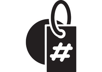Obraz premium Tag hashtag icon with hanging label and hash symbol, bold black silhouette pictogram for social media topics, pricing marker, retail label, and branding design