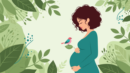 Beautiful pregnant woman gently holds her belly, surrounded by lush green foliage, as a small colorful bird perches peacefully nearby.