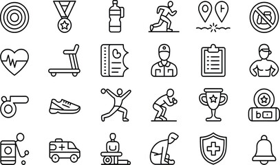 Fitness, health, and sports line icon set vector with workout, medical, achievement, and lifestyle symbols for gym, wellness, and app design © Jahangir