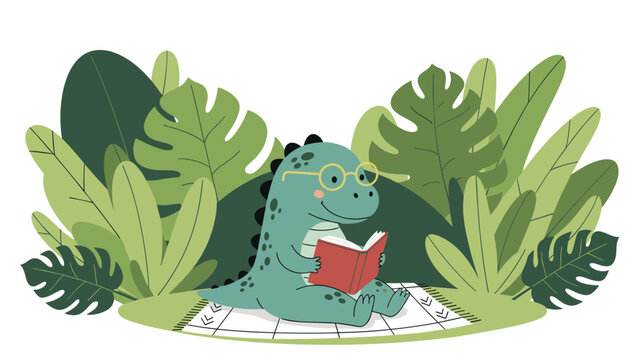 Adorable dinosaur wearing glasses, comfortably sitting on a checkered blanket amidst lush green tropical leaves, deeply engrossed in reading a book.