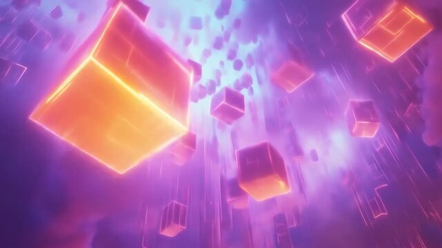 Abstract floating cubes in vivid purple and orange light