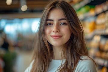 Obraz premium Generative AI image of confident supermarket store worker standing in front of shelves with groceries and packaged food products