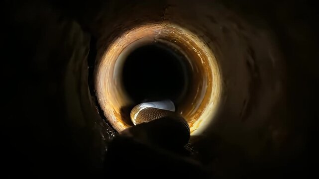 Slippery Serpent Slithers Through Dark, Rusty Drain Pipe with Flashlight Beam in a Mysterious Underground Tunnel