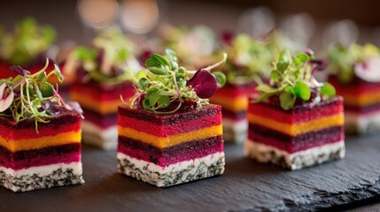 Colorful layered bite-sized desserts on a dark stone plate