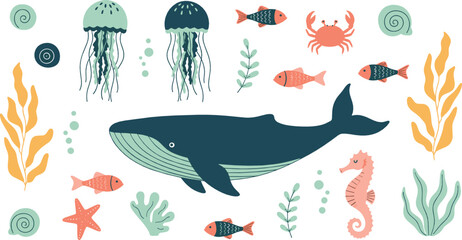 Cute ocean animal illustration set with whale fish jellyfish crab seahorse and sea plants in playful flat style for kids marine designs © MdNazmul