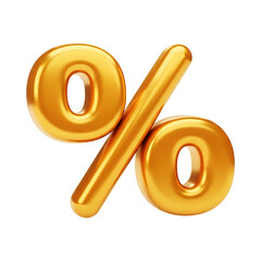 Golden percent symbol with glossy metallic finish, luxury discount icon perfect for sale promotion and finance marketing