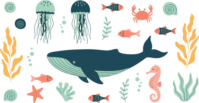 Cute ocean animal illustration set with whale fish jellyfish crab seahorse and sea plants in playful flat style for kids marine designs