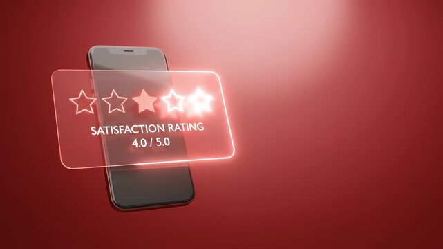 Mobile phone rating review feedback satisfaction star screen hologram red digital smartphone interface technology communication display touch user opinion service score evaluation customer experience