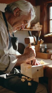 Close-up of a senior male carpenter meticulously carving wood with a mallet and chisel in a sunlit traditional workshop. Concept of craftsmanship, heritage, woodworking hobby, and active aging.