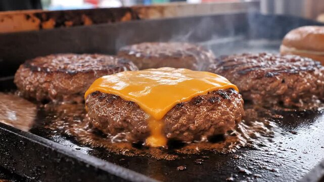 Close-up of juicy cheeseburgers sizzling and melting cheese on a hot griddle