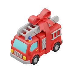 Red toy fire truck with ribbon bow on top, cute 3D render isolated on transparent, celebration gift concept for children