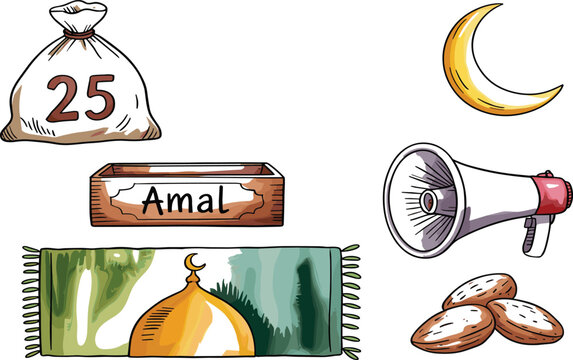 Ramadan charity and Eid illustration vector set with donation box, sack, crescent moon, dates, prayer rug, and Islamic festive symbols