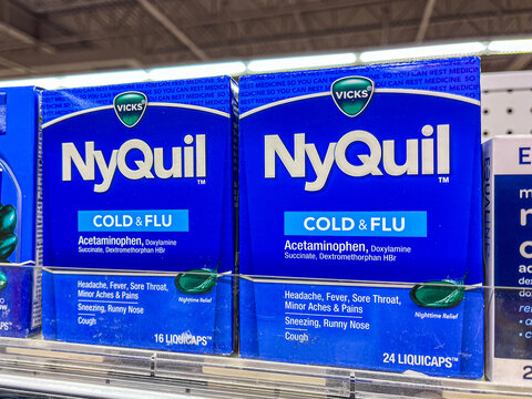 Shiloh, Illinois&mdash;Feb 2 2026; Boxes of Vicks NyQuil Cold & Flu medicine displayed on a store shelf.