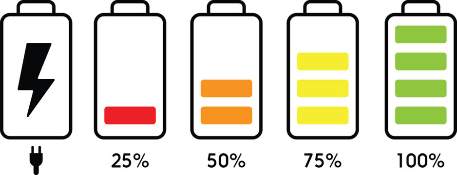 Battery charging level icon set showing power status indicators from low to full capacity (25%, 50%, 75%, and 100%).