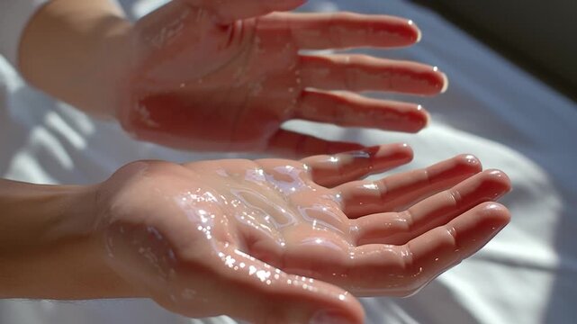 Soothing Touch: Two hands, glistening with oil, are captured in a close-up, illustrating a moment of pampering and skincare. The image evokes feelings of wellness, rejuvenation, and sensorial delight.
