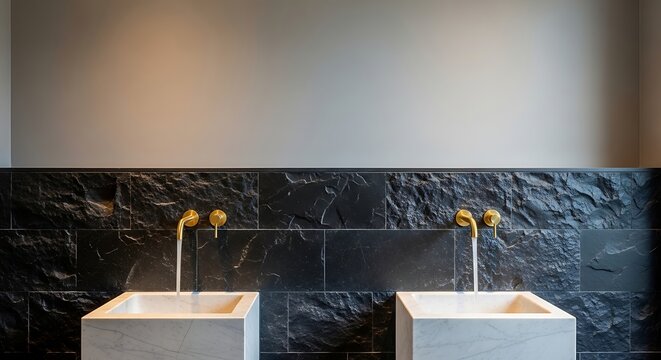 Modern Bathroom Sinks with Brass Faucets and Textured Walls.