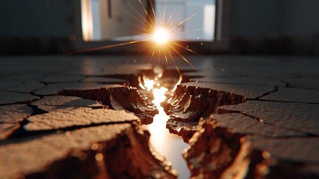 Laser Cutting Through Floor: A laser beam cuts through a fractured floor, creating a bright spark and revealing the internal structure, highlighting technology and precision in the built environment.