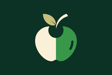 Half green and half cream apple with leaf on dark green