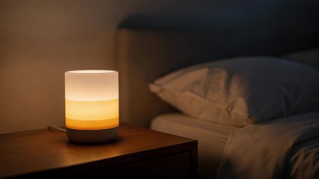 Bedside circadian lighting fixture sharply detailed casting warm tones on a bedroom scene where the walls and d&eacute;cor remain softly out of focus.
