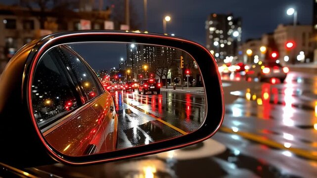 Night Drive Reflections: A captivating reflection in a car mirror of a vibrant city scene at night, featuring a bustling road with car lights glimmering on wet pavement. 