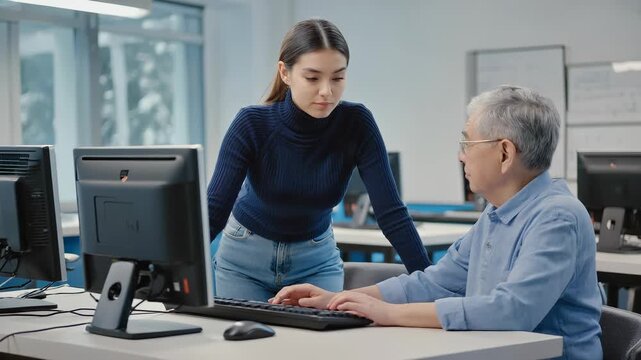 Senior Man Receives Tech Assistance from Young Woman, Demonstrating Digital Literacy Training and Intergenerational Support.