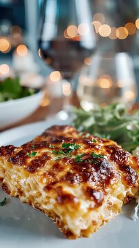 Cheesy baked ziti slice on a plate with salad and coleslaw in a cozy home dining setting, comfort food concept