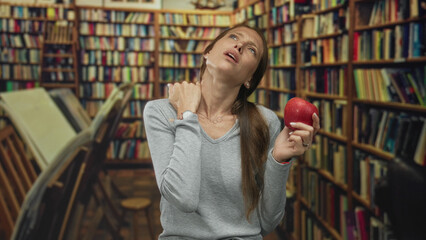 Woman holding red apple with hand on neck for pain in library aisle between wooden bookshelves and reading stands  discomfort study stress. © Krakenimages.com