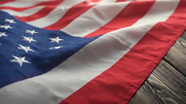 Close-up of the Flag of the United States of America is displayed on a rustic wooden surface, creating a patriotic