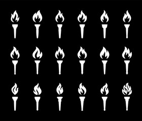 Set of white burning torch silhouettes on black background. Vector flame icons for ceremony, protest art, freedom celebration and liberty designs