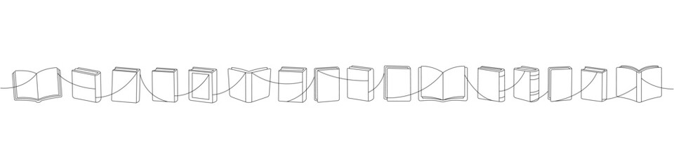 Long horizontal line of various open and closed books in minimal outline style. Continuous reading theme