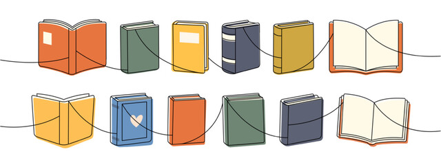 Colorful book illustrations in flat design. Modern education and literature symbol set