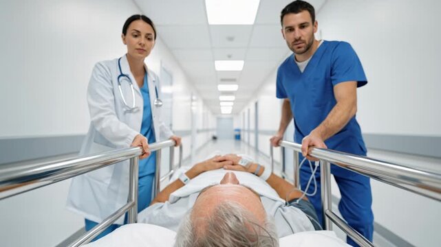 hospital medical team pushing a patient on a stretcher through a corridor, showing emergency care, teamwork, and clinical treatment environment