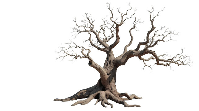Large Gnarled Dead Tree with Intricate Branching Pattern Isolated on White