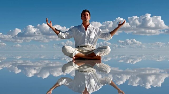 Zen Moment: A serene individual practices yoga amidst the clouds, radiating tranquility and peace, the ethereal atmosphere amplifying the sense of harmony.