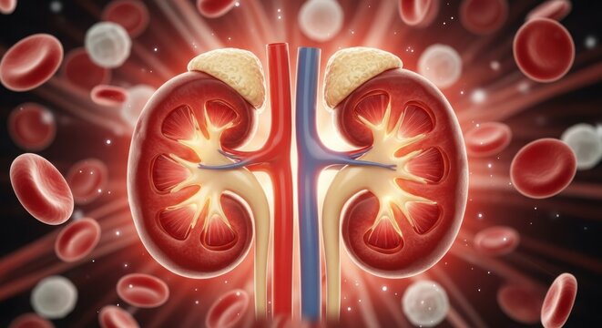 Detailed illustration of human kidneys with surrounding blood cells