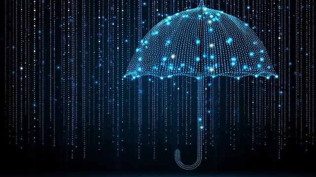 A digital umbrella protects from falling data streams illustrating security privacy or safeguarding sensitive information with innovative technology