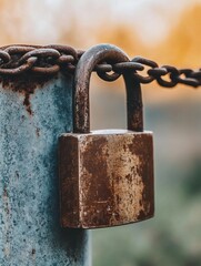 A weathered, rusty padlock locked onto a metal post with a rusted chain.