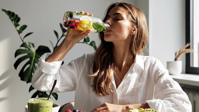 Young woman enjoying refreshing fruit-infused detox water, surrounded by vibrant fruits and a green smoothie, embodying healthy lifestyle and wellness in a sunlit home environment.