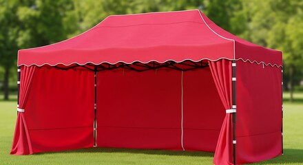 Bright Red Pop Up Gazebo Tent Set Up Outdoors on Green Grass Field.