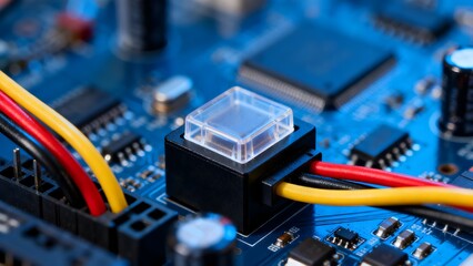 Close up view of a small transparent sensor module connected by red yellow and black wires on a blue circuit board