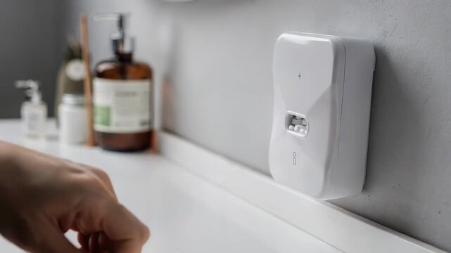 Clear medium shot of a hand placing medication into a wallmounted timed dispenser countertop and room elements subtly out of focus.