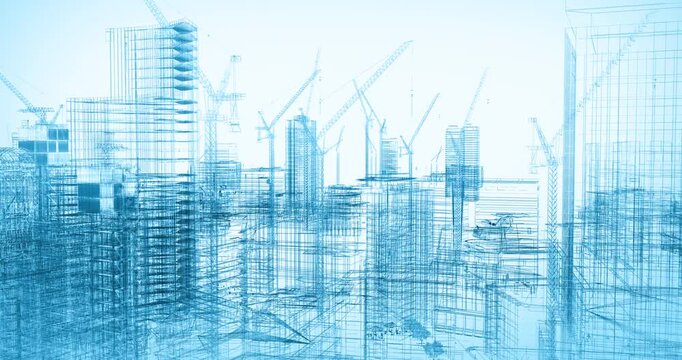 Blueprint Style Construction Site With Cranes And Skyscrapers 	