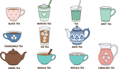 Fototapeta premium Cute hand drawn tea illustration set with black green matcha chamomile masala mint and iced tea cups teapots and pitchers in cozy flat style