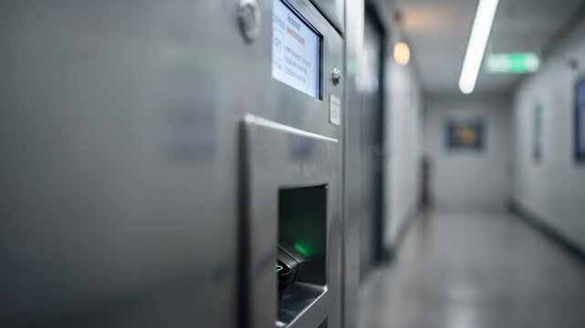 Medium shot showing a hallway selfservice payout machine in use sharply highlighting the ticket insertion slot with a soft blur effect on the hallway depth and background elements