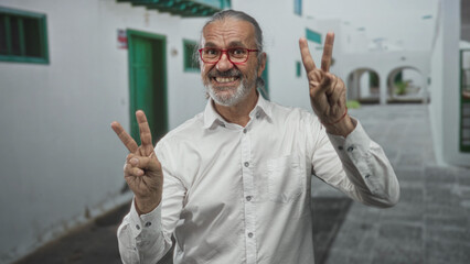 Naklejka premium Man with hoary long hair smiling and showing peace sign with both hands on a narrow white street with arches; joy celebration peace.
