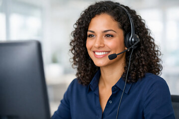 Smiling female customer service agent with curly hair wearing a headset and working at a computer in a modern office
